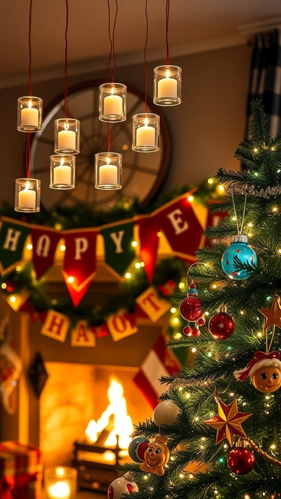 DIY Harry Potter Christmas decorations including floating candles, house banners, and potion bottle ornaments.